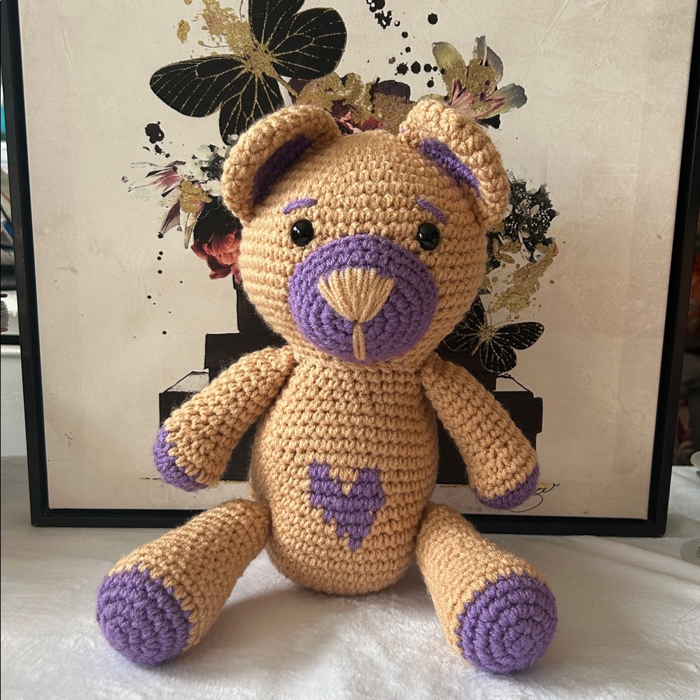 Crochet Teddy Bear with Purple Dress - Handmade - Picture 2 of 6